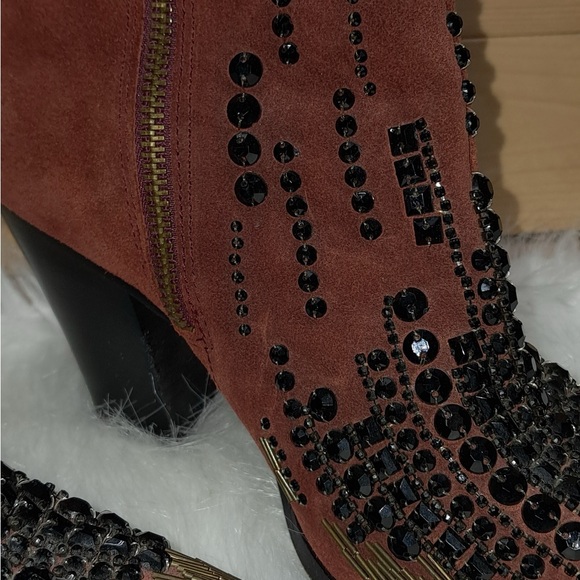 Donald J. Pliner Rust Suede Heeled Boots with Black Bead Accents - Picture 5 of 9